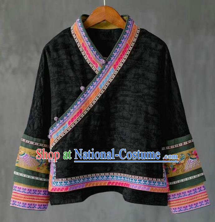 China National Embroidered Shirt Costume Traditional Women Upper Outer Garment Tang Suit Black Flax Blouse