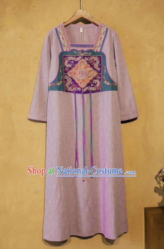 Chinese National Embroidered Lilac Flax Dress Traditional Women Cheongsam Clothing