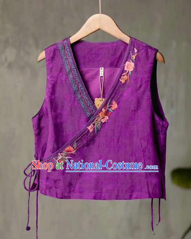 China Tang Suit Purple Flax Vest Traditional Clothing National Women Embroidered Waistcoat