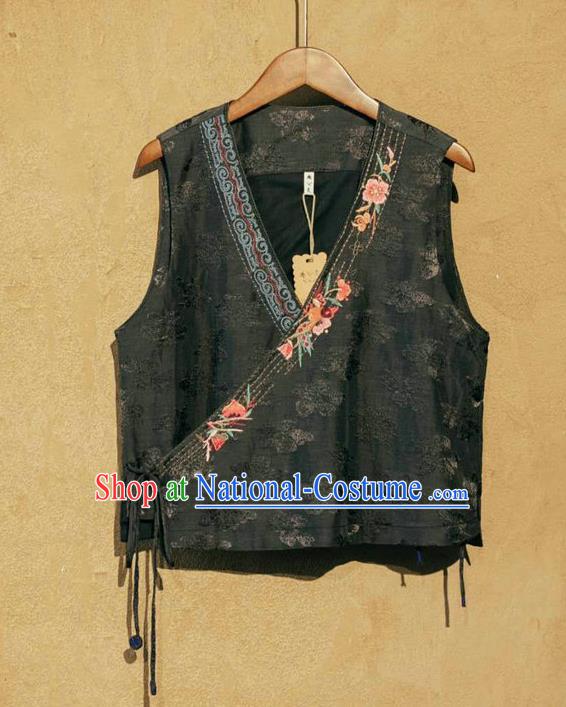 China National Black Flax Vest Women Embroidered Waistcoat Traditional Tang Suit Clothing