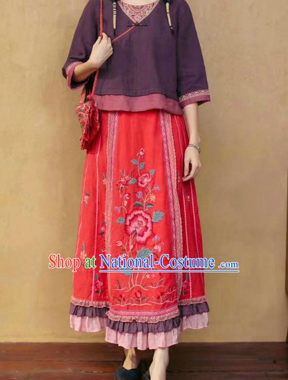 China National Red Ramine Bust Skirt Embroidered Skirt Traditional Female Clothing