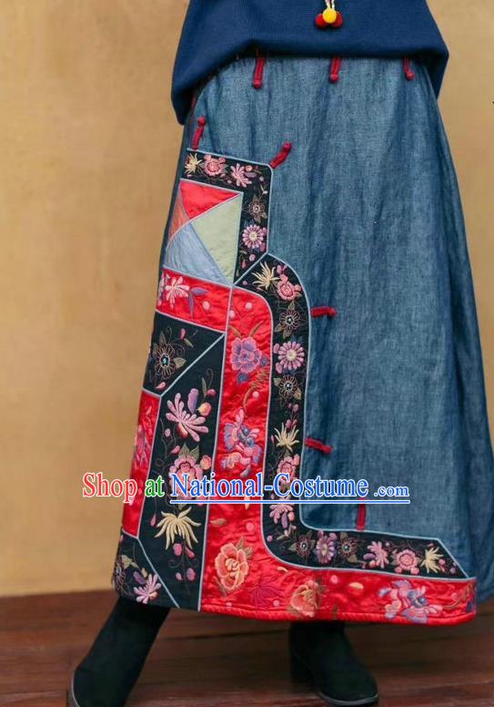 China Embroidered Skirt Traditional Clothing National Blue Flax Bust Skirt