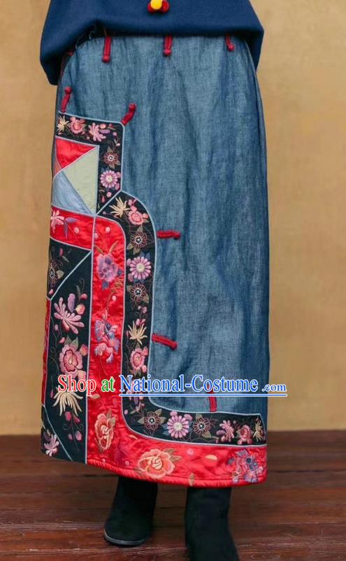 China Embroidered Skirt Traditional Clothing National Blue Flax Bust Skirt