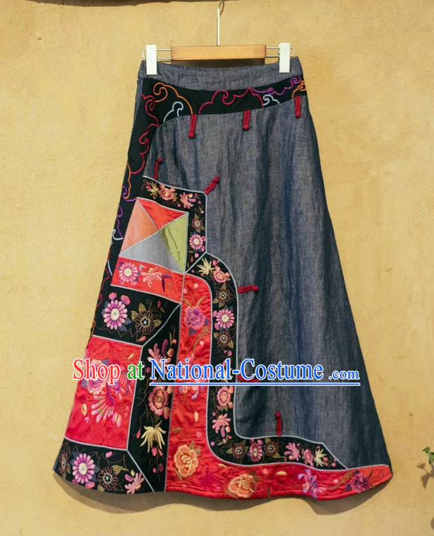 China Embroidered Skirt Traditional Clothing National Blue Flax Bust Skirt