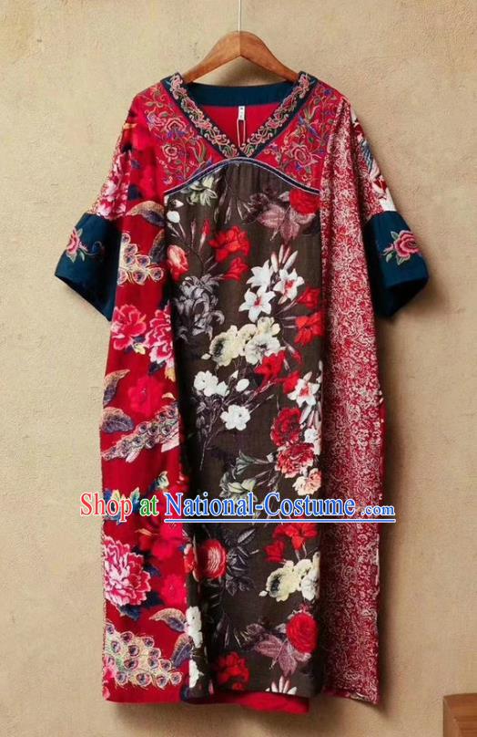 Chinese National Embroidered Flax Red Dress Traditional Printing Clothing