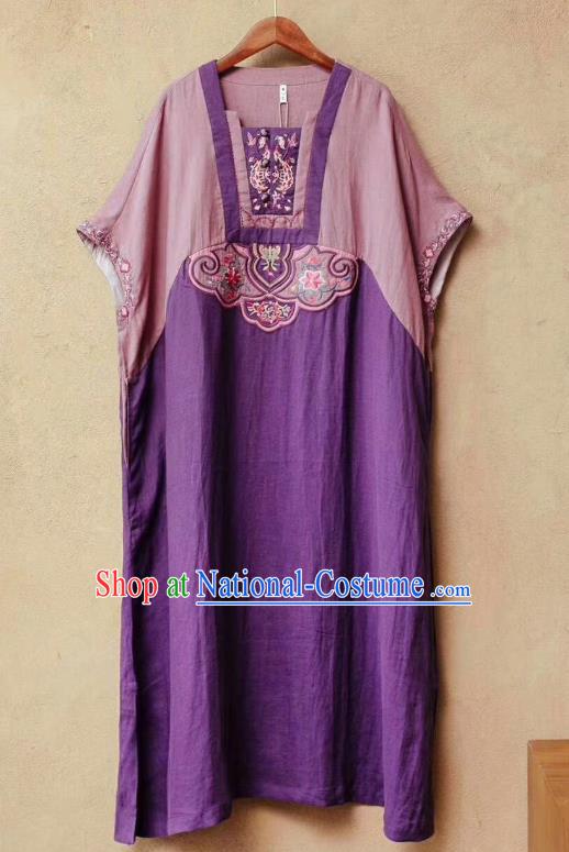 Chinese Traditional National Clothing Embroidered Purple Flax Dress