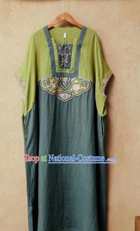 Chinese Traditional Women Fashion Embroidered Green Flax Dress National Clothing