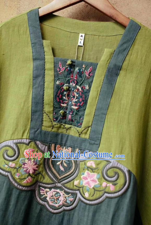 Chinese Traditional Women Fashion Embroidered Green Flax Dress National Clothing