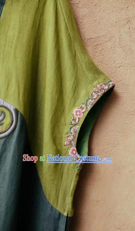 Chinese Traditional Women Fashion Embroidered Green Flax Dress National Clothing