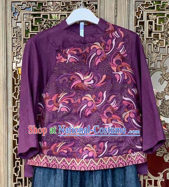 China National Embroidered Purple Shirt Tang Suit Costume Traditional Women Flax Blouse