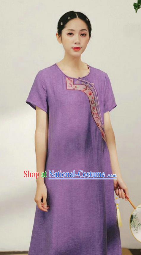 Chinese Embroidered Purple Flax Dress National Plated Buttons Clothing Traditional Women Fashion