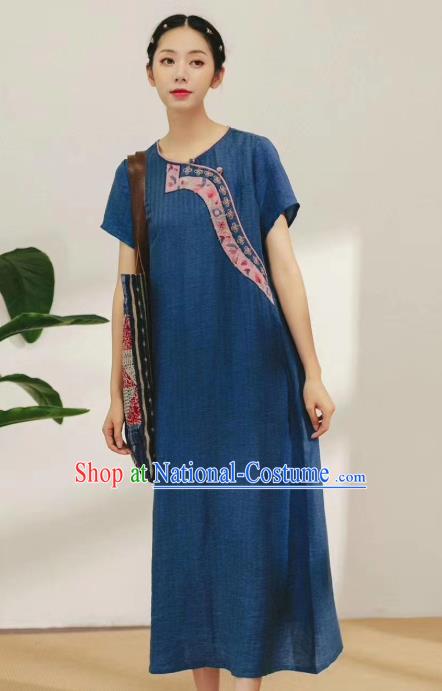 Chinese National Navy Blue Flax Dress Traditional Plated Buttons Clothing Women Embroidered Fashion