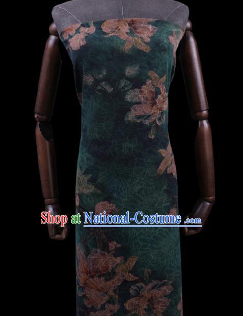 Chinese Classical Yulan Magnolia Pattern Silk Drapery Asian Traditional Cheongsam Deep Green Cloth Fabric