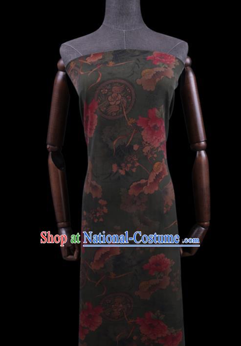 Chinese Classical Lotus Pattern Deep Green Silk Drapery Asian Traditional Cheongsam Cloth Watered Gauze Fabric