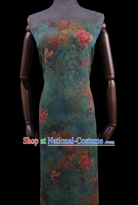 Chinese Classical Peony Flowers Pattern Green Silk Drapery Cloth Asian Traditional Cheongsam Watered Gauze Fabric