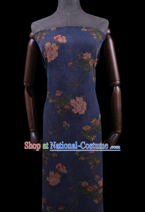 Asian Cheongsam Cloth Watered Gauze Drapery Traditional Chinese Classical Peony Pattern Deep Blue Gambiered Guangdong Silk Fabric