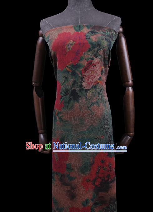 Traditional Chinese Classical Peony Pattern Green Gambiered Guangdong Silk Fabric Asian Cheongsam Cloth Watered Gauze Drapery