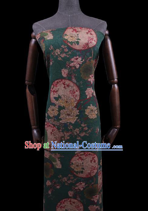 Chinese Classical Moon Peony Pattern Green Watered Gauze Traditional Cheongsam Cloth Drapery Asian Gambiered Guangdong Silk Fabric