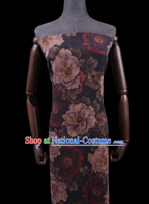 Chinese Classical Peony Pattern Black Gambiered Guangdong Silk Fabric Traditional Asian Cheongsam Cloth Drapery Watered Gauze