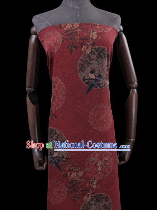 Chinese Traditional Gambiered Guangdong Silk Asian Cheongsam Cloth Drapery Classical Flower Bird Pattern Red Watered Gauze Fabric