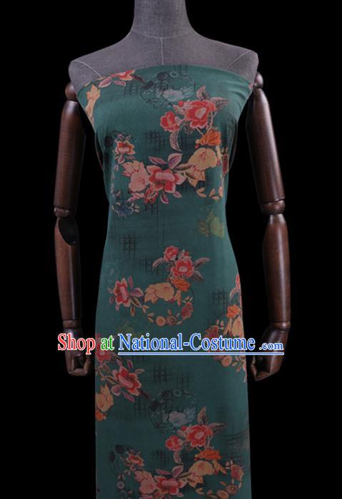 Chinese Classical Flowers Pattern Green Watered Gauze Fabric Traditional Gambiered Guangdong Silk Asian Cheongsam Cloth Drapery