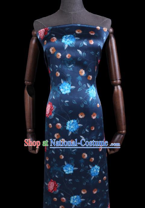 Chinese Classical Navy Watered Gauze Fabric Traditional Gambiered Guangdong Silk Asian Cheongsam Cloth Satin Drapery