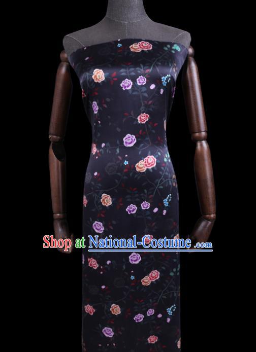 Chinese Traditional Gambiered Guangdong Silk Asian Cheongsam Cloth Satin Drapery Classical Rose Pattern Black Watered Gauze Fabric