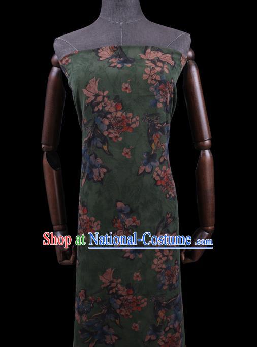 Chinese Classical Mangnolia Pattern Green Gambiered Guangdong Silk Fabric Watered Gauze Traditional Asian Cheongsam Cloth Drapery