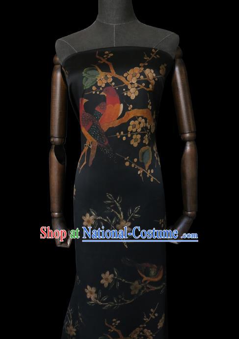 Chinese Classical Plum Birds Pattern Gambiered Guangdong Silk Traditional Cheongsam Fabric Black Watered Gauze