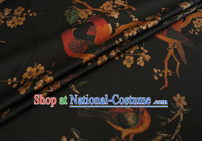 Chinese Classical Plum Birds Pattern Gambiered Guangdong Silk Traditional Cheongsam Fabric Black Watered Gauze