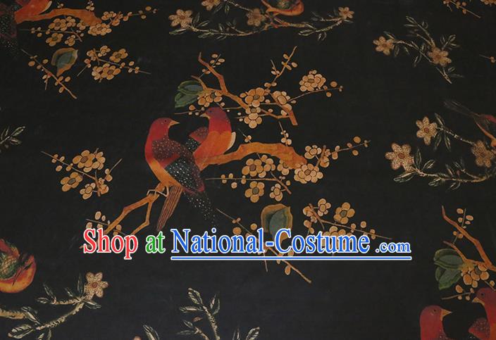 Chinese Classical Plum Birds Pattern Gambiered Guangdong Silk Traditional Cheongsam Fabric Black Watered Gauze