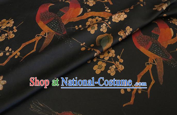 Chinese Classical Plum Birds Pattern Gambiered Guangdong Silk Traditional Cheongsam Fabric Black Watered Gauze