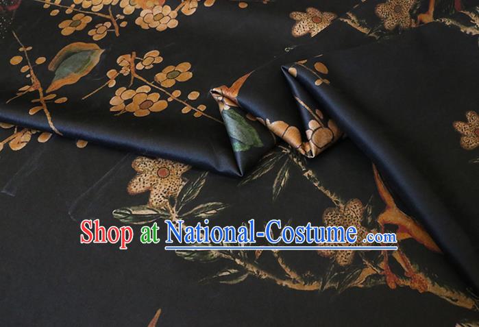 Chinese Classical Plum Birds Pattern Gambiered Guangdong Silk Traditional Cheongsam Fabric Black Watered Gauze