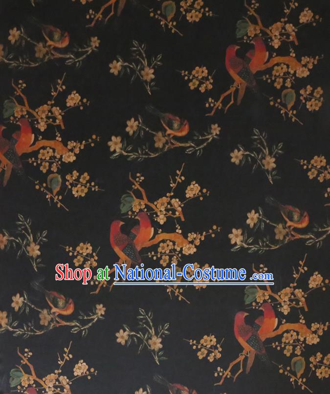 Chinese Classical Plum Birds Pattern Gambiered Guangdong Silk Traditional Cheongsam Fabric Black Watered Gauze