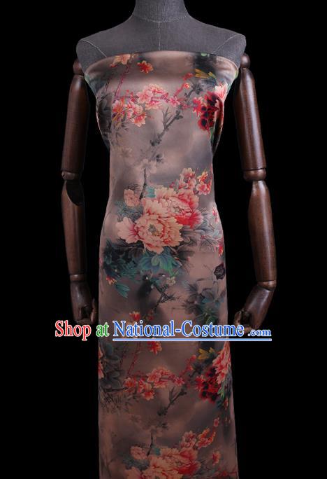 Chinese Classical Peony Pattern Brown Watered Gauze Fabric Traditional Gambiered Guangdong Silk Asian Cheongsam Cloth Satin Drapery