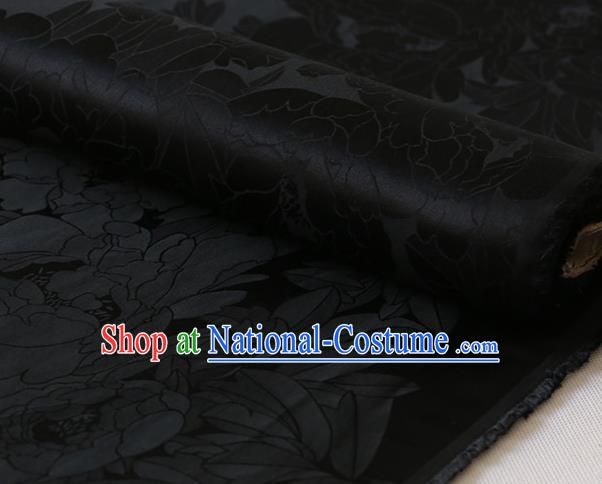 Traditional Black Silk Drapery Chinese Cheongsam Classical Royal Peony Pattern Satin Fabric Cloth