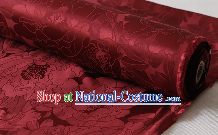 Chinese Traditional Purplish Red Silk Drapery Cheongsam Cloth Classical Royal Peony Pattern Satin Fabric