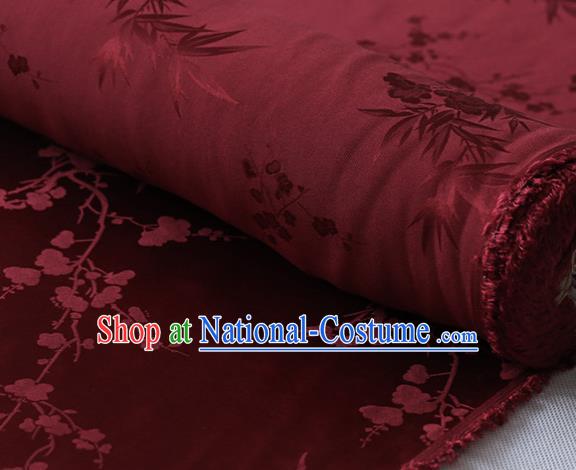 Chinese Cheongsam Dark Red Silk Drapery Cloth Traditional Classical Plum Orchid Bamboo Pattern Satin Fabric