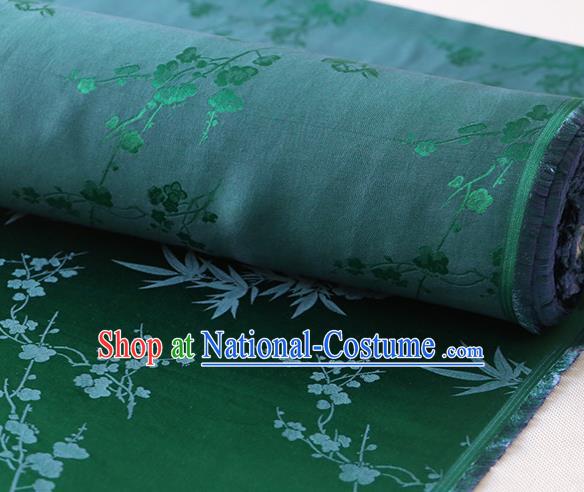 Chinese Traditional Classical Plum Orchid Bamboo Pattern Satin Fabric Cheongsam Cloth Deep Green Silk Drapery