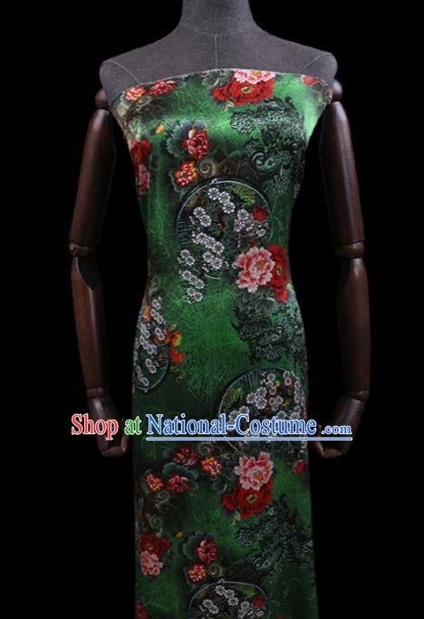 Chinese Green Silk Drapery Traditional Cheongsam Cloth Classical Peony Pattern Satin Fabric