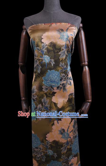 Chinese Classical Peony Pattern Olive Green Watered Gauze Traditional Cheongsam Gambiered Guangdong Silk Fabric