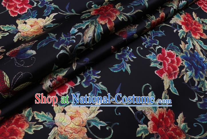 Chinese Classical Butterfly Peony Pattern Black Watered Gauze Traditional Cheongsam Gambiered Guangdong Silk Satin Fabric