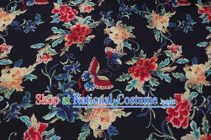 Chinese Classical Butterfly Peony Pattern Black Watered Gauze Traditional Cheongsam Gambiered Guangdong Silk Satin Fabric