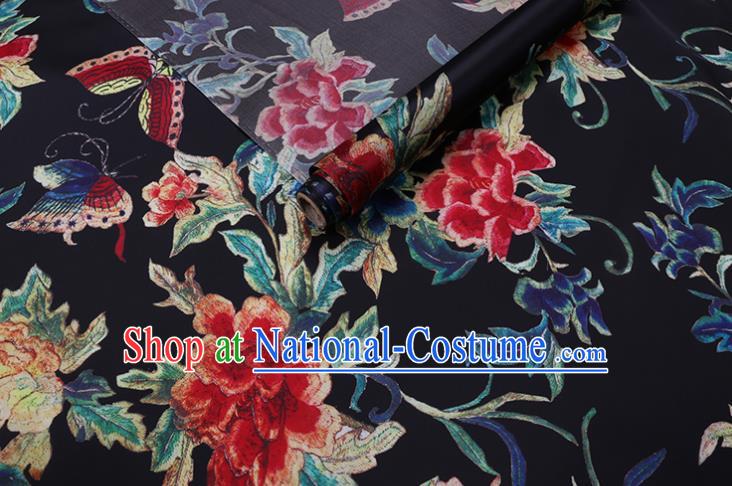 Chinese Classical Butterfly Peony Pattern Black Watered Gauze Traditional Cheongsam Gambiered Guangdong Silk Satin Fabric