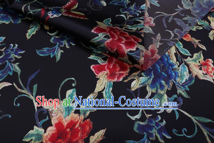 Chinese Classical Butterfly Peony Pattern Black Watered Gauze Traditional Cheongsam Gambiered Guangdong Silk Satin Fabric