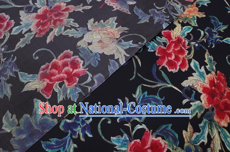 Chinese Classical Butterfly Peony Pattern Black Watered Gauze Traditional Cheongsam Gambiered Guangdong Silk Satin Fabric