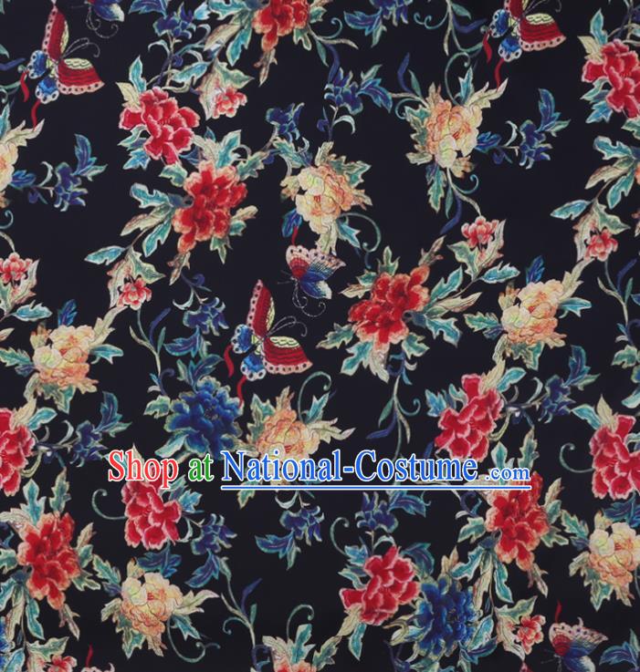 Chinese Classical Butterfly Peony Pattern Black Watered Gauze Traditional Cheongsam Gambiered Guangdong Silk Satin Fabric