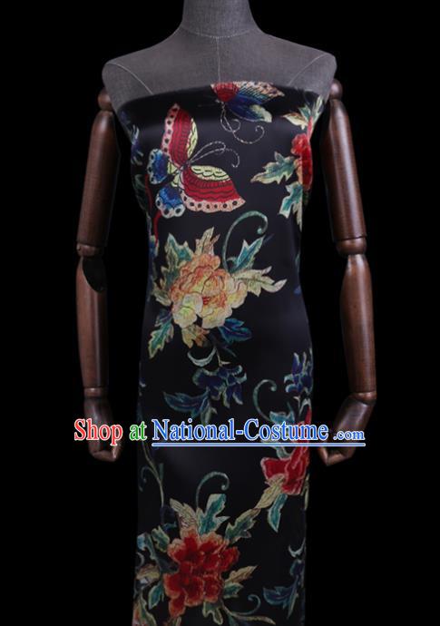 Chinese Classical Butterfly Peony Pattern Black Watered Gauze Traditional Cheongsam Gambiered Guangdong Silk Satin Fabric