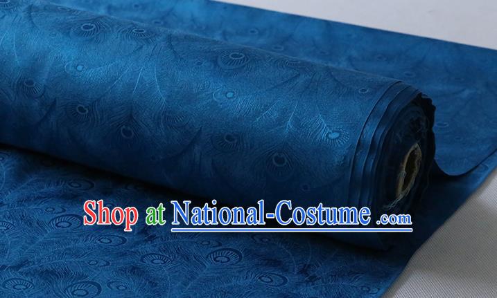 Chinese Traditional Deep Blue Silk Drapery Silk Fabric Classical Phoenix Feather Pattern Cheongsam Jacquard Cloth