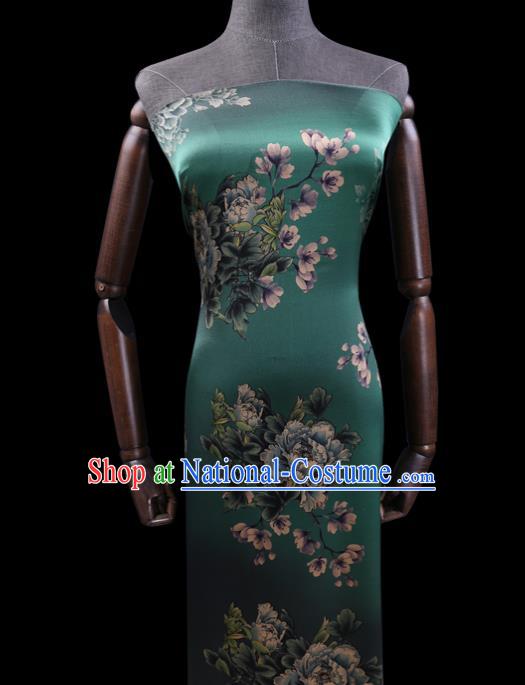 Chinese Silk Drapery Traditional Cheongsam Cloth Classical Peony Pattern Green Satin Fabric